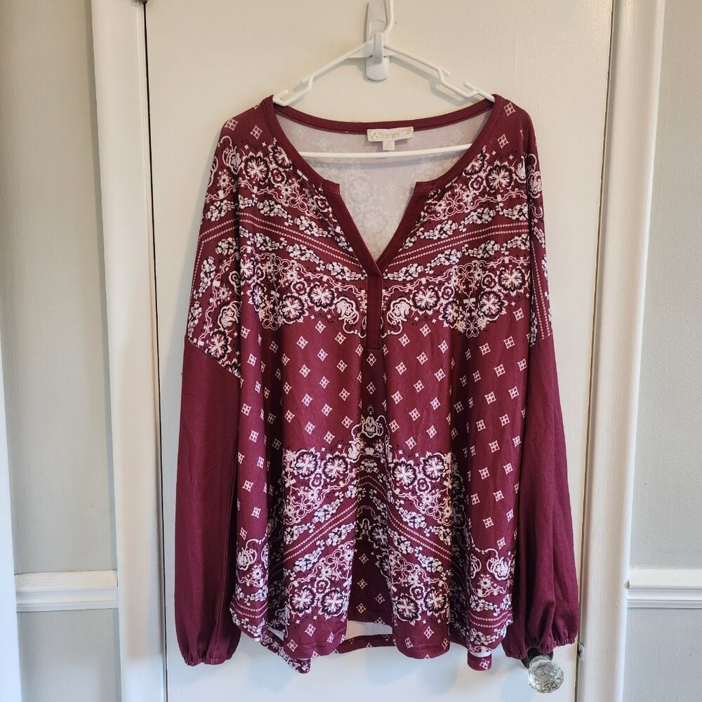 Weekend Suzanne Betro 3X Top Women's Plus Burgundy Floral Knit Tunic Boho